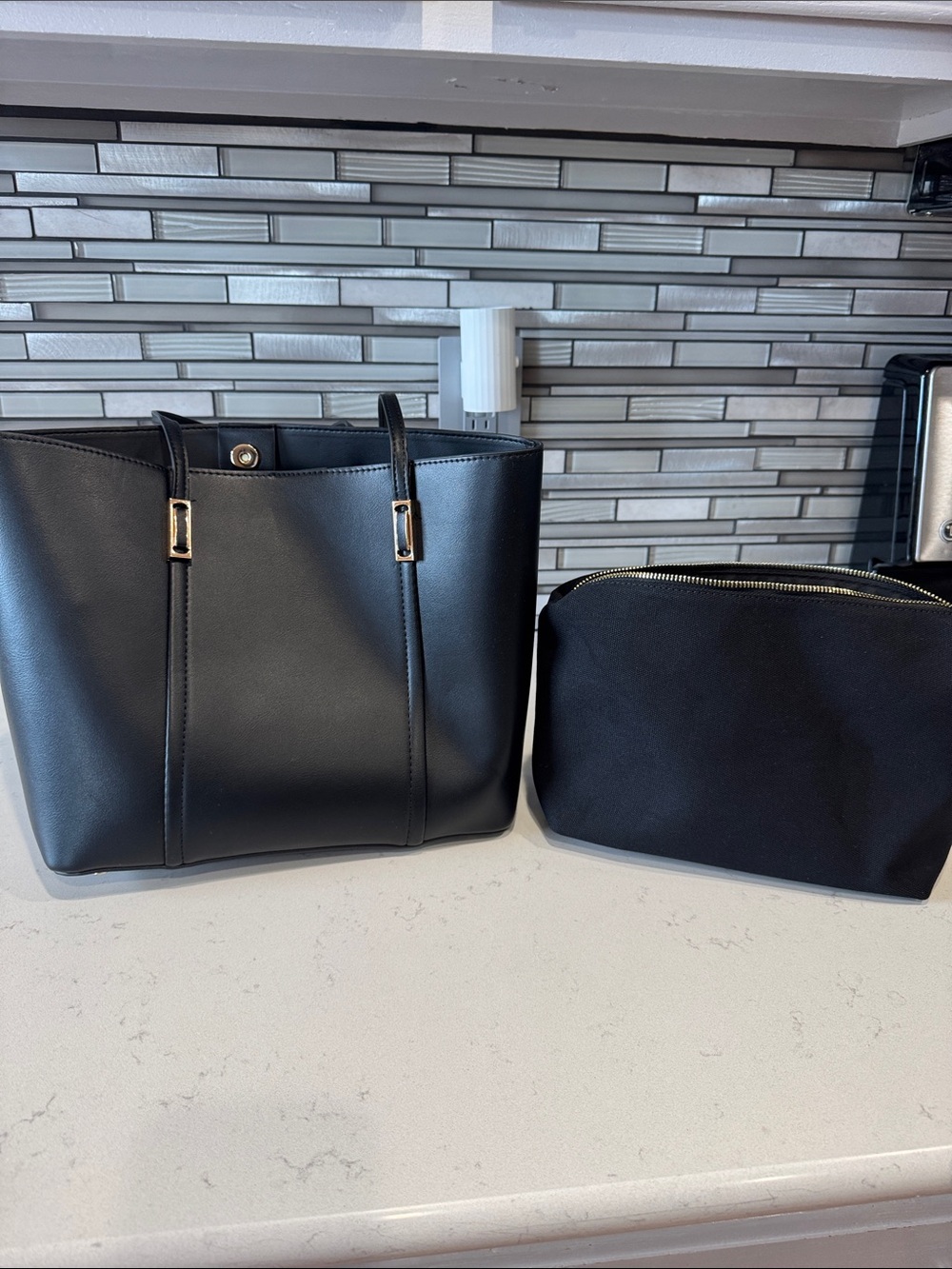 Rachel Zoe Black Leather Tote with Matching Black Zip Pouch